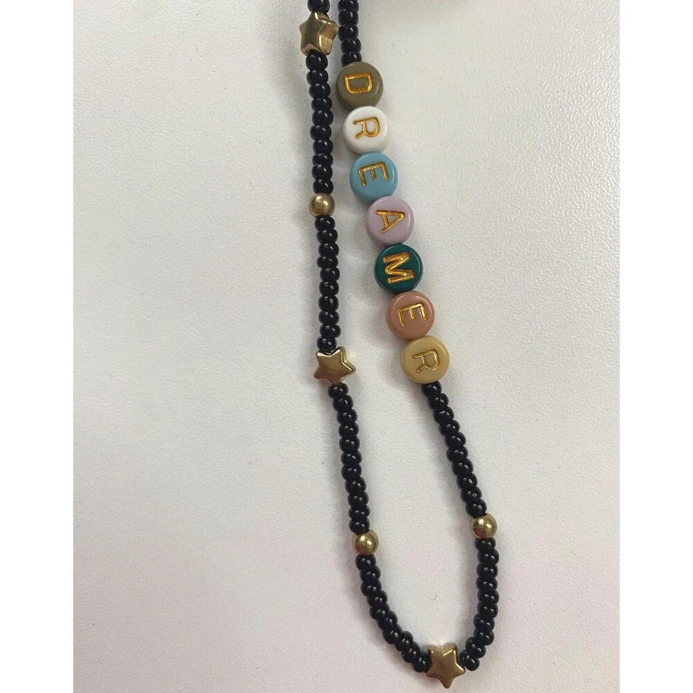 Black Beaded Faux Leather Diamond Keychain Gold Stars Dreamer Inspirational